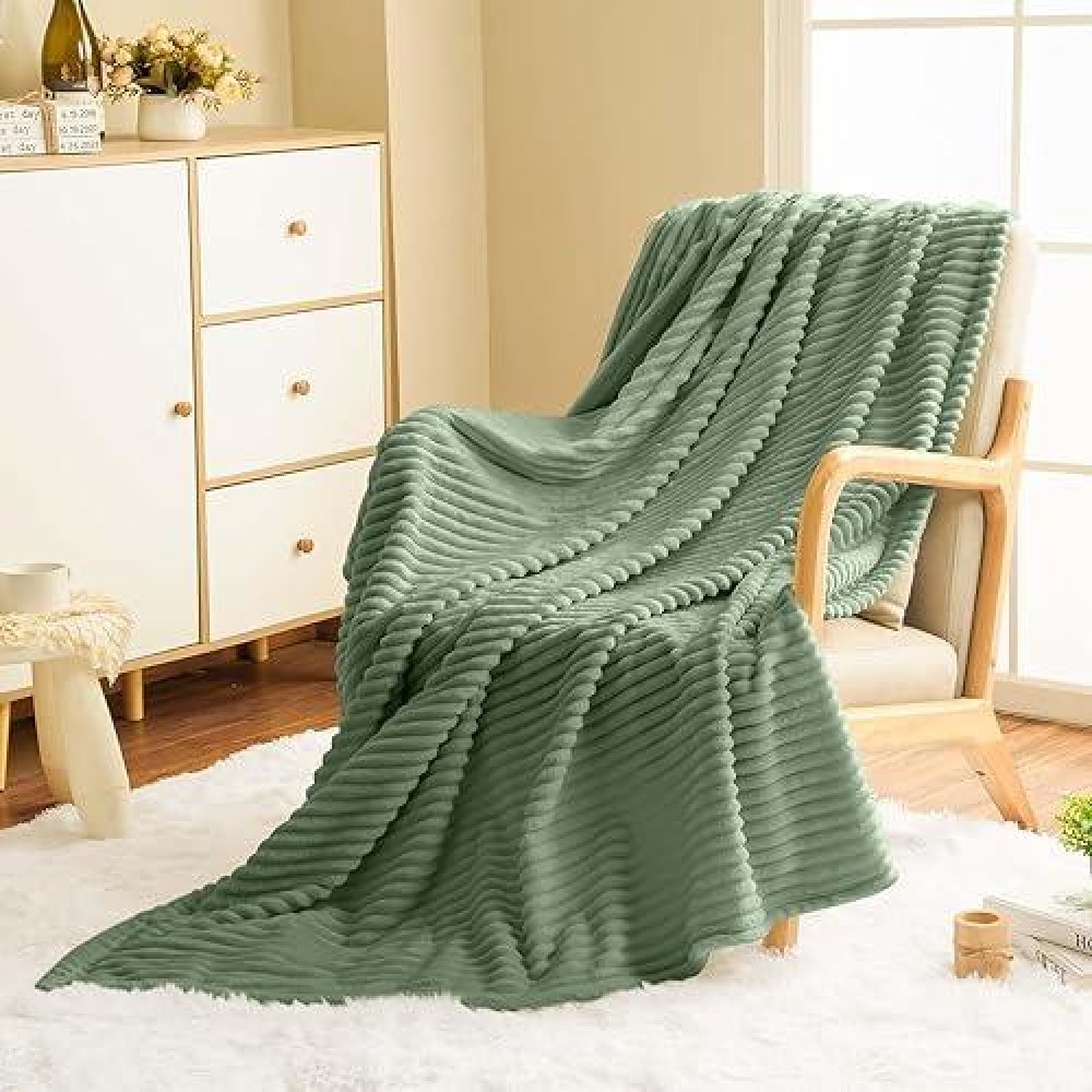 Vessia Flannel Fleece Twin Size Blanket For Bed Couch Sofa(60X80Inch)  300Gsm Microfiber Sage Green Striped Bed Blanket For Adults  Super Soft Warm Cozy Lightweight Ribbed Blanket For All-Season