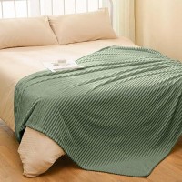 Vessia Flannel Fleece Twin Size Blanket For Bed Couch Sofa(60X80Inch)  300Gsm Microfiber Sage Green Striped Bed Blanket For Adults  Super Soft Warm Cozy Lightweight Ribbed Blanket For All-Season