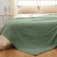 Vessia Flannel Fleece Twin Size Blanket For Bed Couch Sofa(60X80Inch)  300Gsm Microfiber Sage Green Striped Bed Blanket For Adults  Super Soft Warm Cozy Lightweight Ribbed Blanket For All-Season