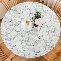 Liberecoo Round Vinyl Fitted Tablecloth With Flannel Backing Elastic Edge Plastic Table Cover - White Marble - Waterproof Table Cloth Stain-Resistant Wipeable For 57