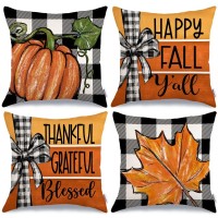 Geeory Fall Pillow Covers 18 X 18 Inch Set Of 4 Buffalo Bowknot Pumpkin Maple Leaf Decorative Throw Cushion Cases Farmhouse Tha