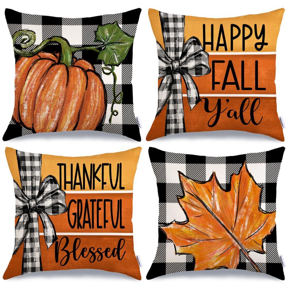 Geeory Fall Pillow Covers 20 X 20 Inch Set Of 4 Buffalo Bowknot Pumpkin Maple Leaf Decorative Throw Cushion Cases Farmhouse Tha