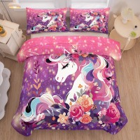 Tailor Shop Unicorn Kids Bedding Set For Girls Pink Purple Flower Unicorn Comforter Set Queen Galaxy Bedding Sets All Season Wit