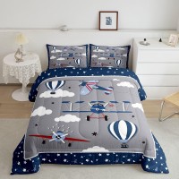 Kids Cartoon Airplane Comforter Set Queen Size Navy Stripes Hot Air Balloon Aircraft Bedding Set 3Pcs Boys Teens Room Decor Clou