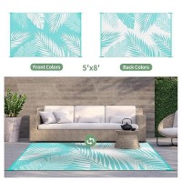 Genimo Outdoor Rug 5' X 8' Waterproof For Patios Clearance  Reversible Outdoor Plastic Straw Camping Rug Carpet  Large Area Rugs Mats For Rv  Picnic  Backyard  Deck  Balcony  Porch  Aqua Blue&White