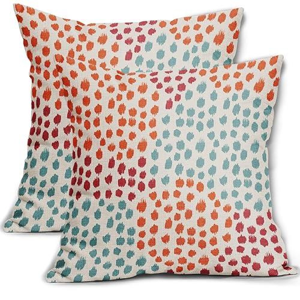 Blue Orange Red Pillow Covers 18X18 Set Of 2 Fall Colored Art Dot Decorative Throw Pillows Trendy Print Outdoor Pillowcase Holid