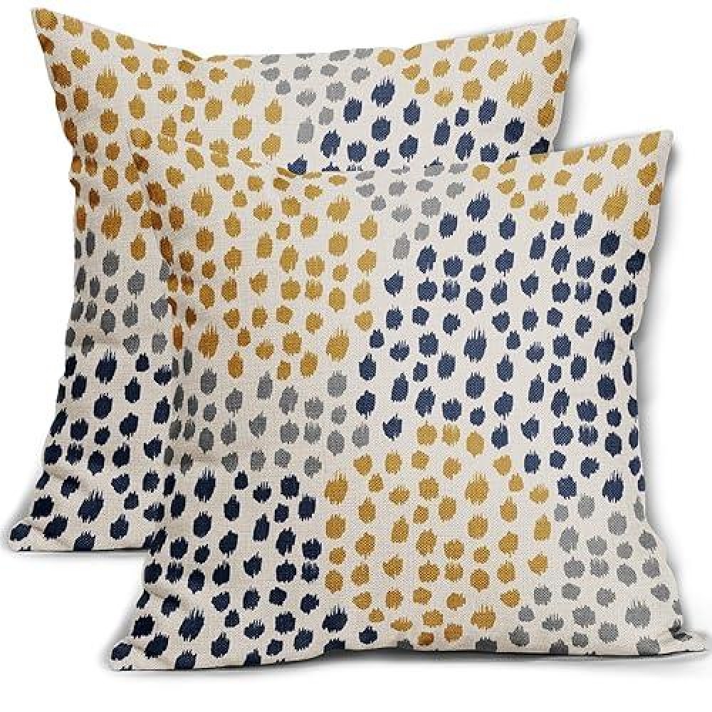 Blue Yellow Pillow Covers 16X16 Set Of 2 Boho Design Gray Polka Dot Throw Pillows Modern Art Trendy Print Decorative Outdoor Pil