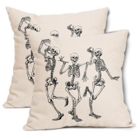 Halloween Skull Pillow Covers 18X18 Inch Set Of 2 Funny Skeleton Decorative Square Pillow Cases Vintage Pillow Covers Cotton Lin