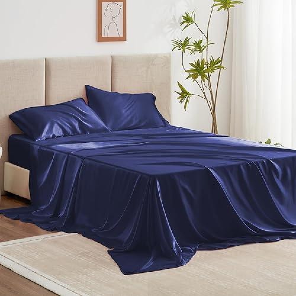 Loves Cabin Full Size Satin Sheet Sets 4 Piece Navy Blue Silky Satin Sheet Set Full With Deep Pocket Luxury Silk Feel Satin