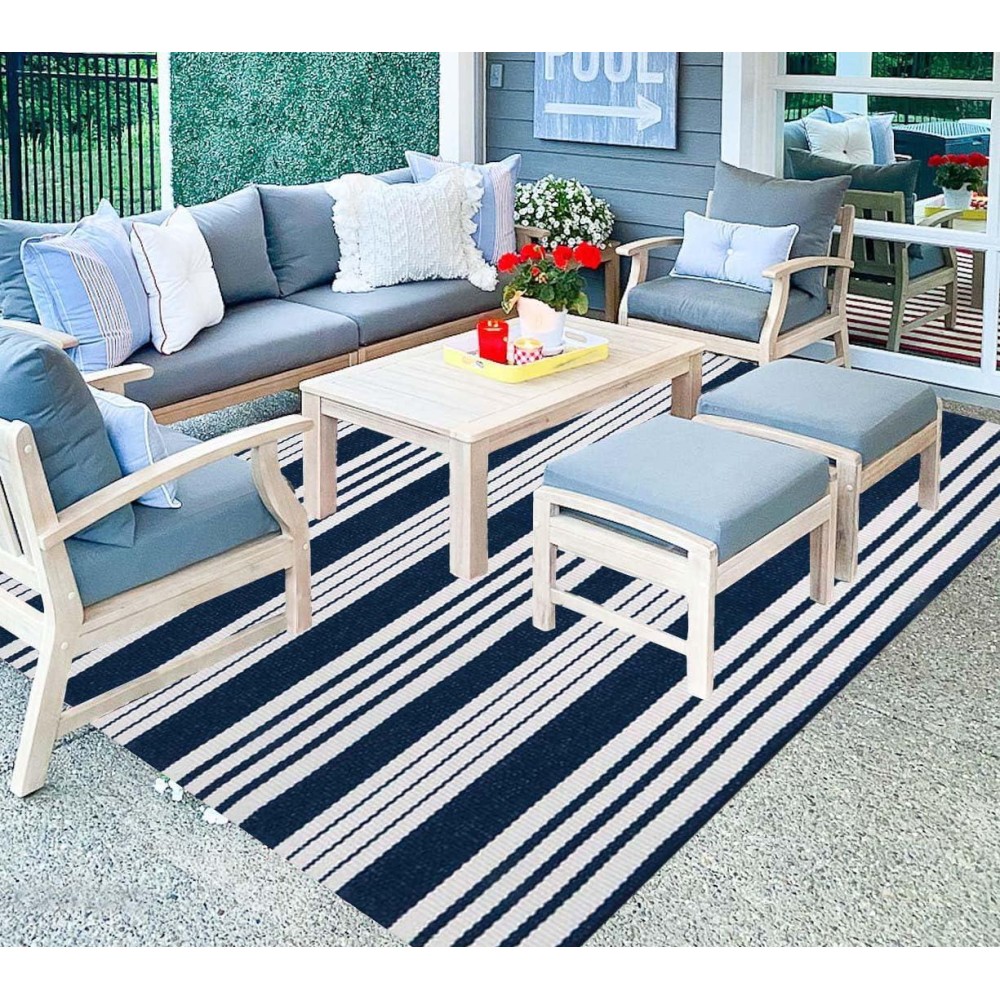 Buagetup Blue And White Striped Outdoor Patio Rug 4 X 6 Hand Woven Cotton Patio Rug Front Porch Rug Indoor Outdoor Area Rug Fo