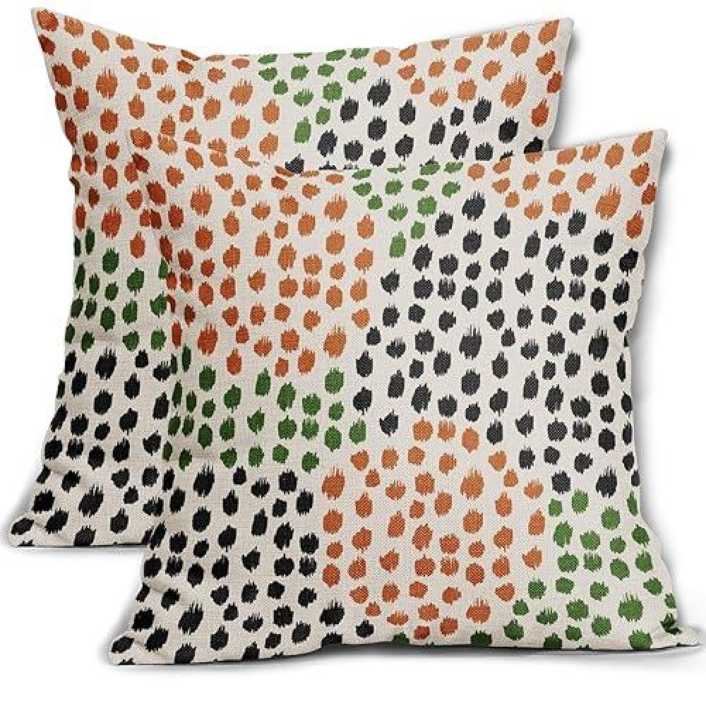 Black Orange Green Pillow Covers 16X16 Set Of 2 Fall Colored Art Dot Decorative Throw Pillows Trendy Print Outdoor Pillowcase Ho