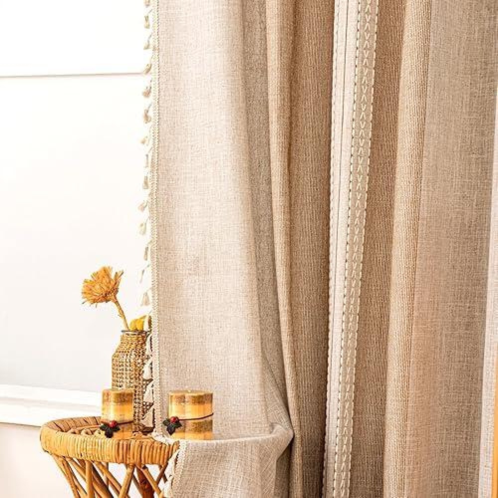 Deeprove Boho Curtains 63 Inches Length For Bedroom Kitchen Closet  Stripes Embroidery Weighted  Bohemian Farmhouse Window Treatment Drape Tassels  1 Panel W52 X L63  Khaki And Coffee