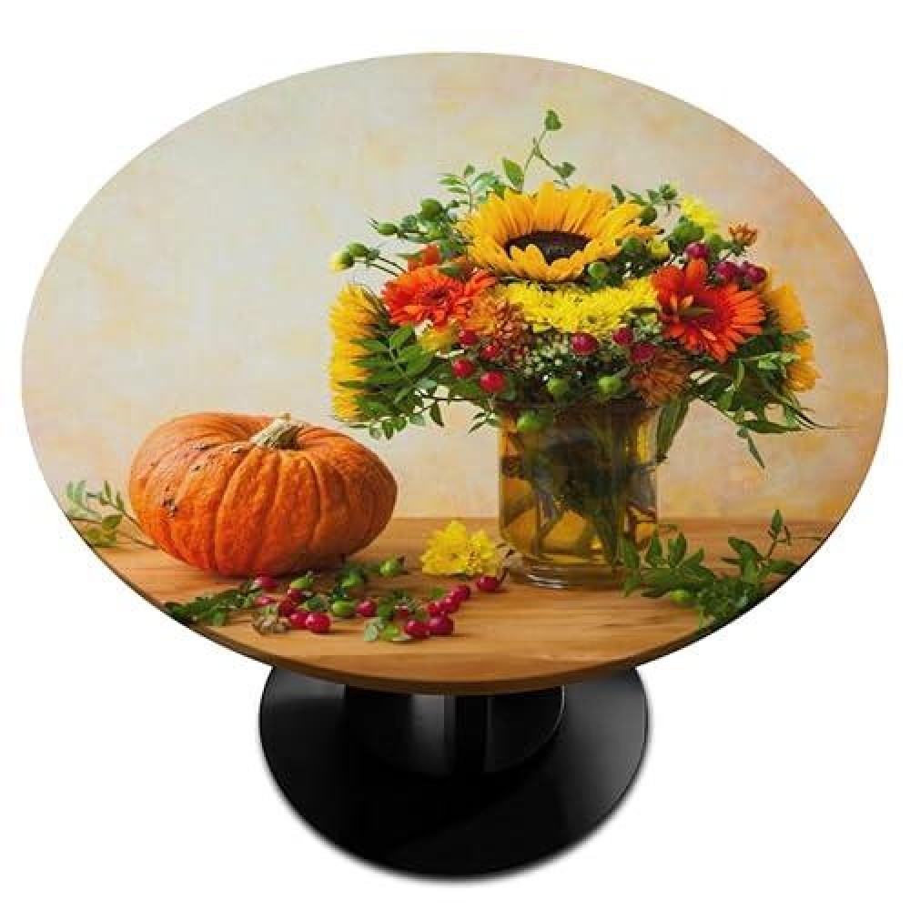 Fall Autumn Round Tablecloth With Elastic Edge Pumpkin Sunflower Round Fitted Table Cover Waterproof Wipeable Round Table Cloths