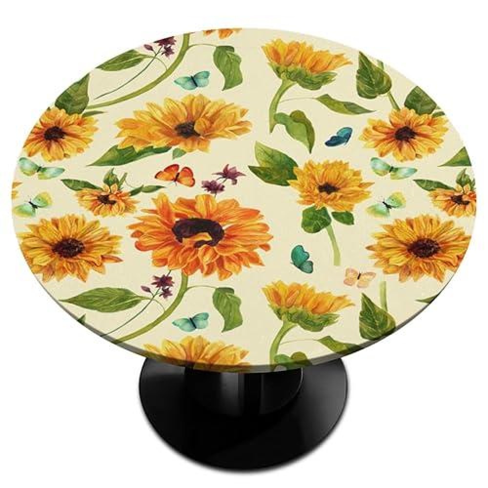 Flower Sunflowers Round Tablecloth With Elastic Edge Floral Sunflower Round Fitted Table Cover Waterproof Wipeable Round Table C