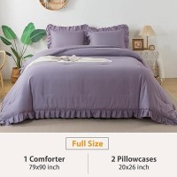 Andency Grayish Purple Comforter Set Full Size  3 Pieces Lightweight Soft Rustic Ruffle Comforter Women Man  Solid Farmhouse Shabby Chic Microfiber Bedding Comforter Sets For All Season