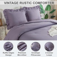 Andency Grayish Purple Comforter Set Full Size  3 Pieces Lightweight Soft Rustic Ruffle Comforter Women Man  Solid Farmhouse Shabby Chic Microfiber Bedding Comforter Sets For All Season