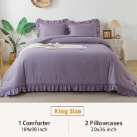 Andency Grayish Purple Ruffle Comforter King  3 Pieces Solid Farmhouse Shabby Chic Comforter  Lightweight Soft Microfiber Vintage Rustic Bedding Sets All Season (104X90Inch Comforter)