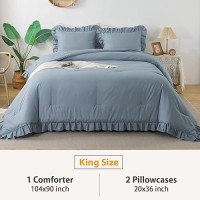 Andency Grayish Blue King Comforter Set(104X90Inch)  3 Pieces Lightweight Winter Summer Warm Fluffy Bedding Comforter Set  All Season Microfiber Shabby Chic(1 Ruffle Comforter And 2 Pillowcases)