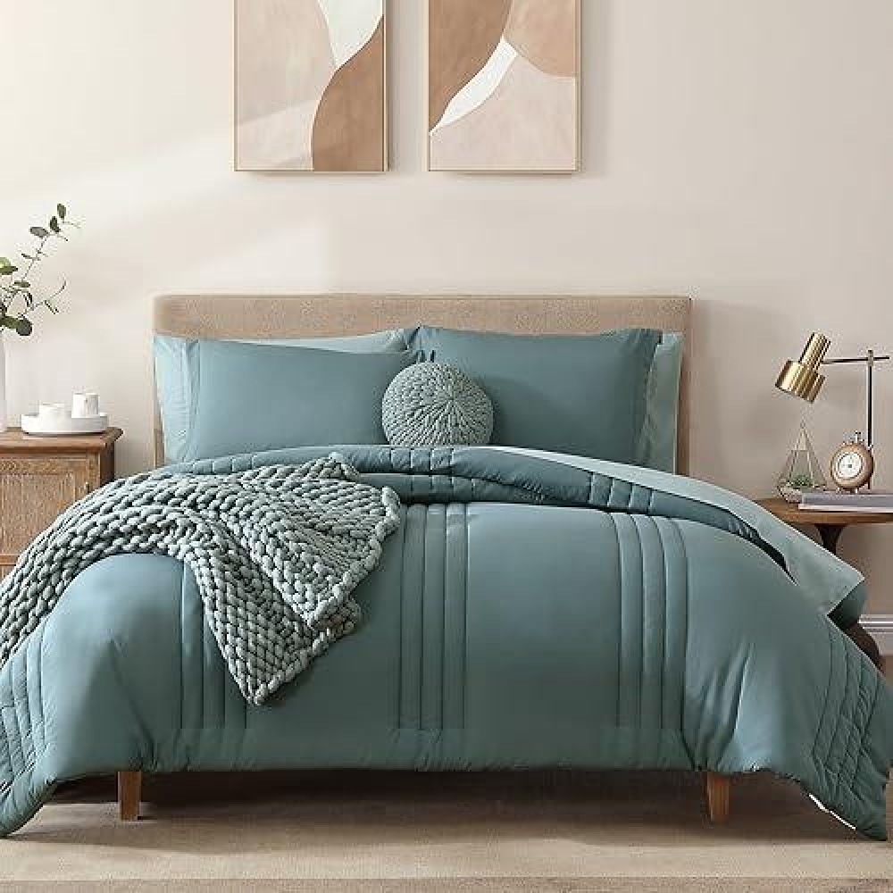 Monbix Full Size Comforter Sets  7 Piece Full Size Bedding Sets  Warm Comforters  Bed In A Bag Full With Sheets Pillowcases & Shams (Dark Green  Full  80''X90'')