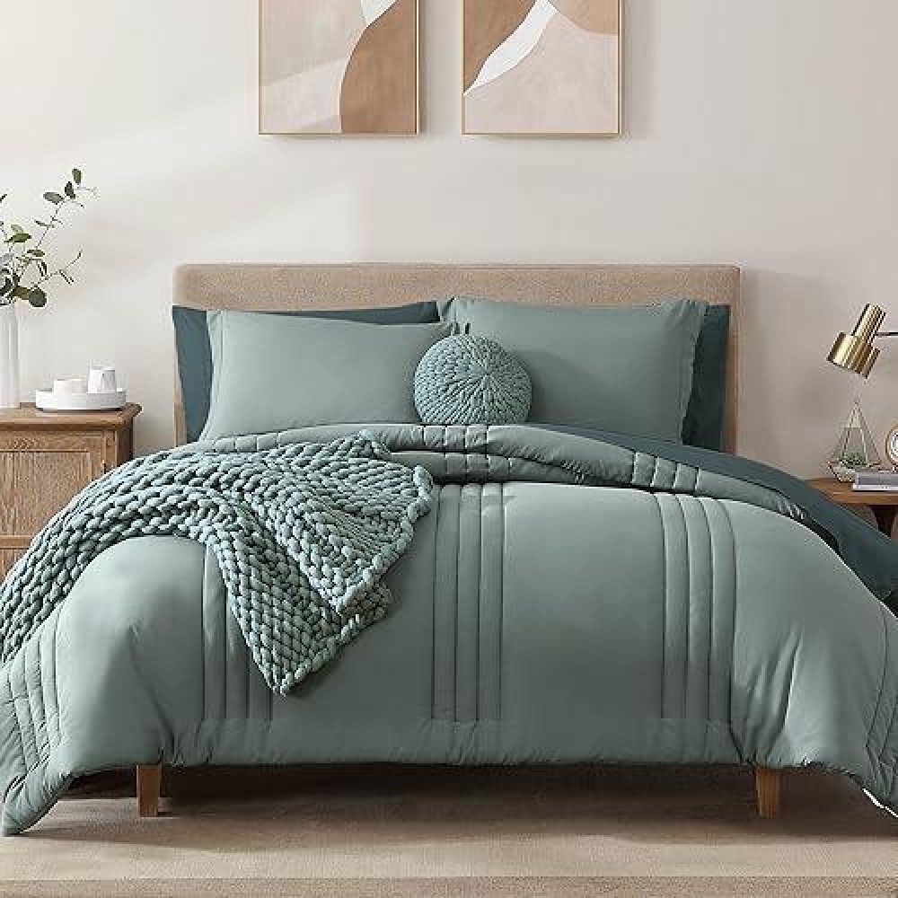 Monbix Comforter King Size  King Comforters Set 7 Piece  Breathable Solid Bedding Sets King With Comforters  Sheets  King Bed In A Bag With Sheets Pillowcases & Shams (Sage Green King  102