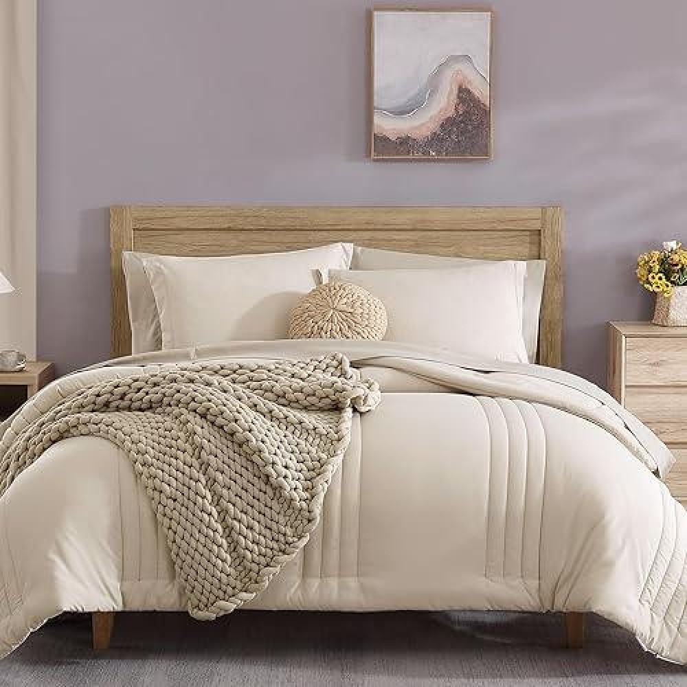 Monbix Queen Comforter Set - 7 Pieces Apricot Beige Bed In A Bag Queen Bedding Sets With Comforters  All Seasons Down Alternative Comforter Bed Set With Sheets Pillowcases & Shams