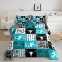 Manfei Cowboy Comforter Set Full Size Bull Skull Horse Arrow Quilt Set With 2 Pillowcases Geometric Grid Blue Plaid Bedding Se