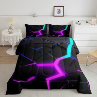 Geometric Honeycomb Comforter Set King Size Abstract Hexagon Modern Artwork Bedding Set For Boys Girls Men Room Decor Neon Blue