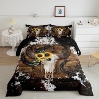 Cow Skull Comforter Set King Size Cow Fur Wooden Plank Farmhouse Bedding Set For Boys Girls Men Room Decor Cowboy Horseshoe Sunf