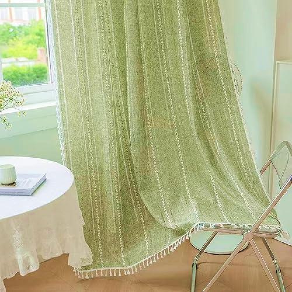 Deeprove Green Boho Curtains 108 Inches Long For Bedroom Living Room  Farmhouse Bohemian Embroidery Hollow Cotton Linen French Rustic Window Treatment Tassel Privacy Drape  W52 X L108 1 Panel