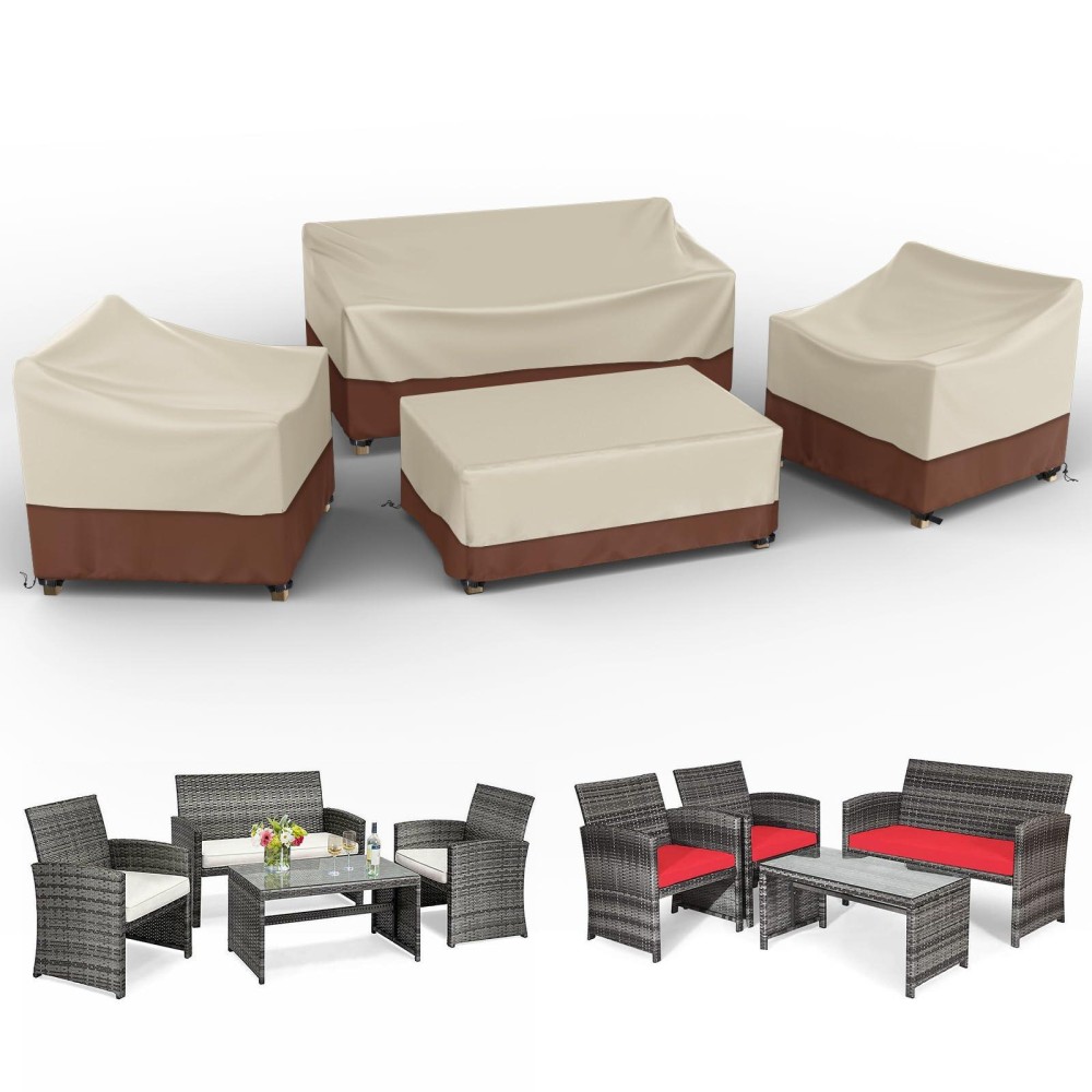 Patio Furniture Covers Waterproof 4-Piece, Covers For 4 Piece Patio Ourdoor Conversation Set, 4 Pcs Patio Covers : Patio Loveseat Cover, 2 Ourdoor Chair Covers, Patio Coffee Table Cover -L-Beige&Brow
