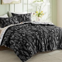 Bedsure Duvet Cover Queen Size Reversible Floral Duvet Cover Set With Zipper Closure Black Bedding Set 3 Pieces 1 Duvet Cov