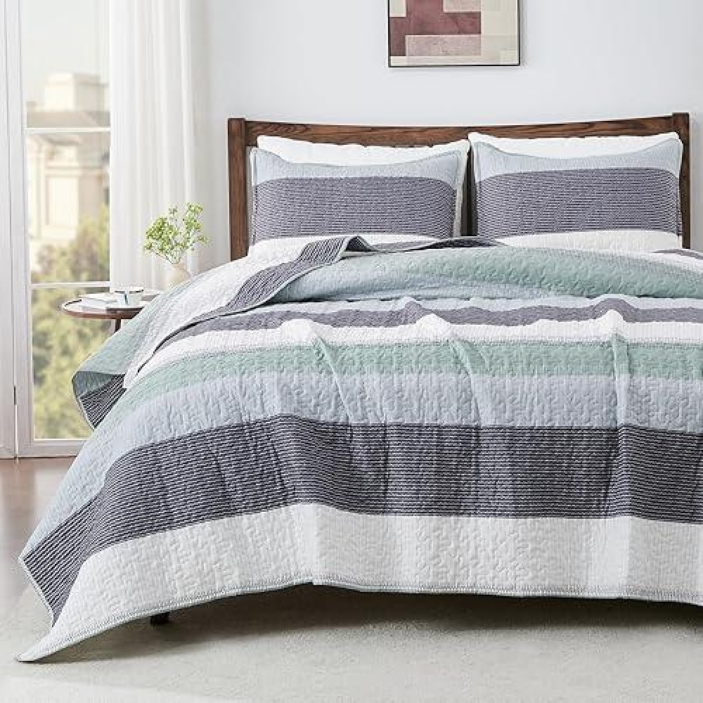 Andency Mint Green Striped Oversized King Quilt Set  3 Pieces (1 Quilt And 2 Pillowcases) Patchwork Bedspread Coverlet Set  Soft Lightweight Quilted Bedding Set(Super King-120X120Inch