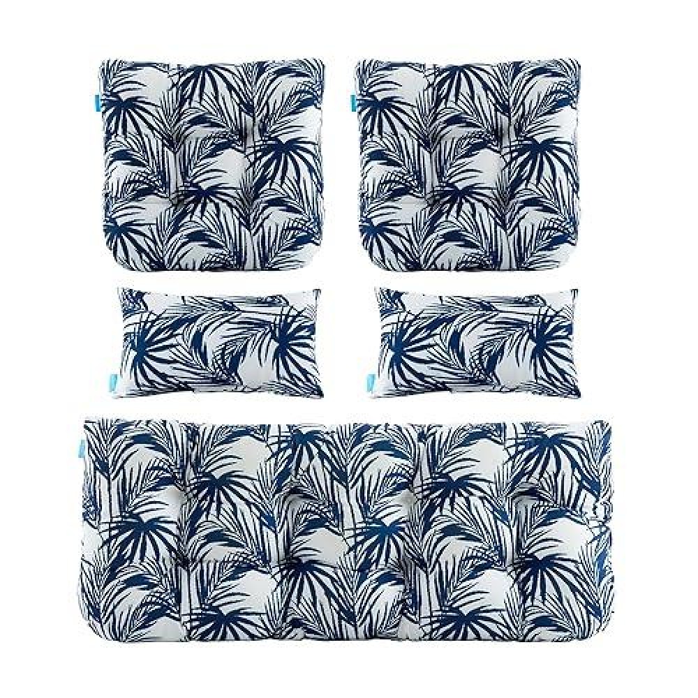 Artplan Outdoor Cushions For Settee Wicker Loveseat Cushions With Tie Tufted Patio Cushions 2 U-Shaped Set Of 5 Piece L44Xw19 Floral Blue Leaves