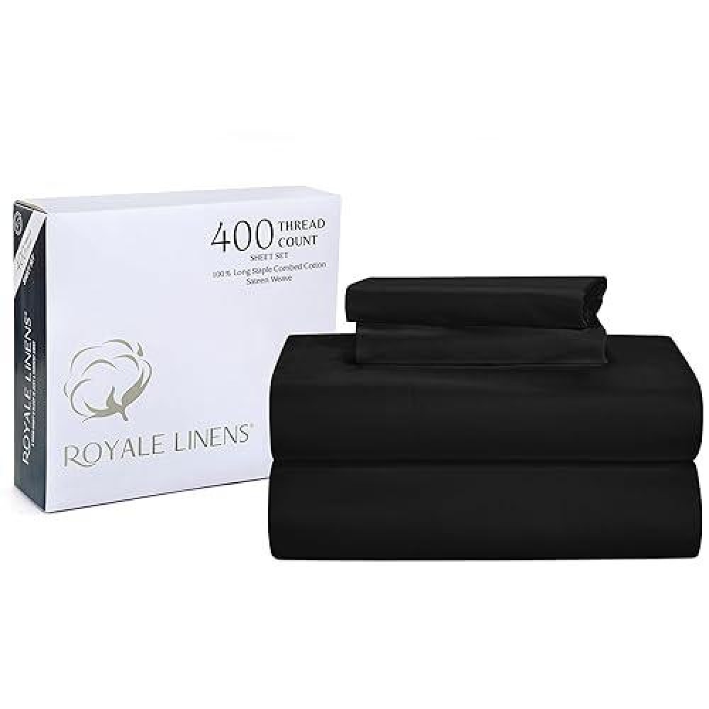 Royale Linens 400 Thread Count 100% American Grown Cotton 3 Piece Sateen Twin Sheet Set - 1 Fitted Sheet  1 Flat Sheet  1 Pillow Case - Black Twin Bedsheet - Cotton Sheets - (Twin  Night Black)