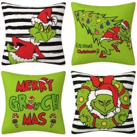 Xgxhzylc Christmas Pillow Covers 18X18 Inch Set Of 4 Merry Christmas Grinch Pillows Decor Grinchmas Farmhouse Throw Pillow Cove