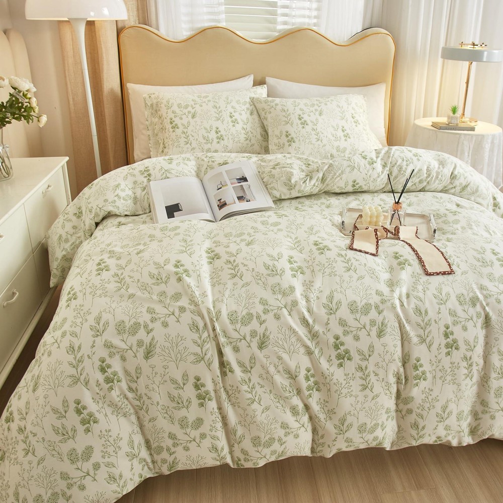 Highbuy 3 Pieces Duvet Cover Full Size White Duvet Cover With Green Floral Print Coquette Soft Cotton Comforter Cover Boho Style