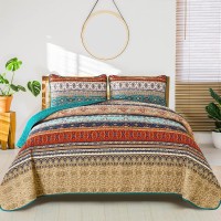 Wongs Bedding Boho Full Quilt Set 3 Pieces Green Brown Bohemian Full Size Bedding Set Lightweight Microfiber Bed Decor Bedspread