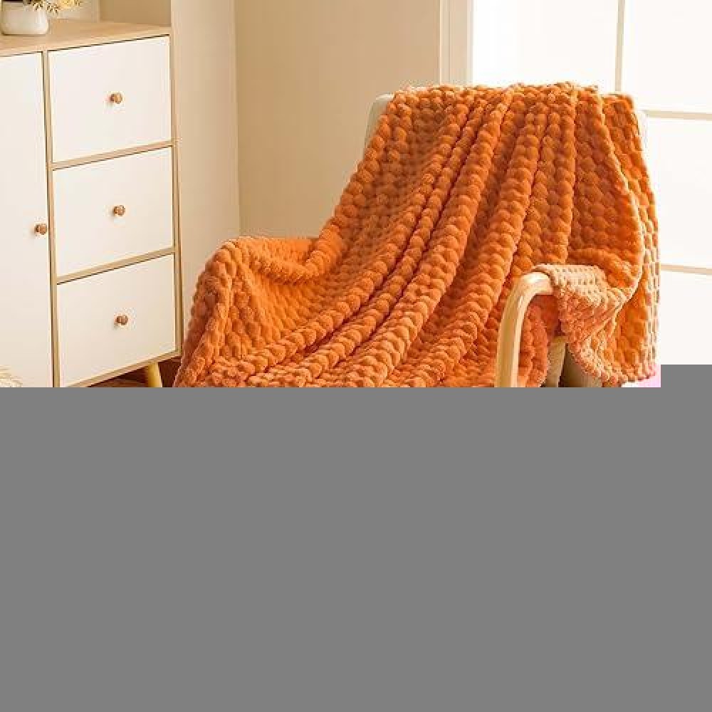 Vessia Flannel Fleece Twin Size Blanket(60X80 Inch)  3D Jacquard Burnt Orange Fuzzy And Warm Blanket For Couch Sofa  300Gsm Super Soft Touch Cozy Lightweight Bed Blanket For All-Season Home Decor