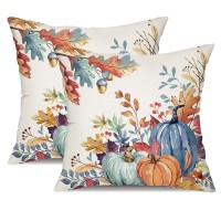 Dfxsz Fall Pillow Covers 16X16 Inch Set Of 2 Blue And Green Watercolor Pumpkin Fallen Leaves Decorative Throw Pillow Covers Autu