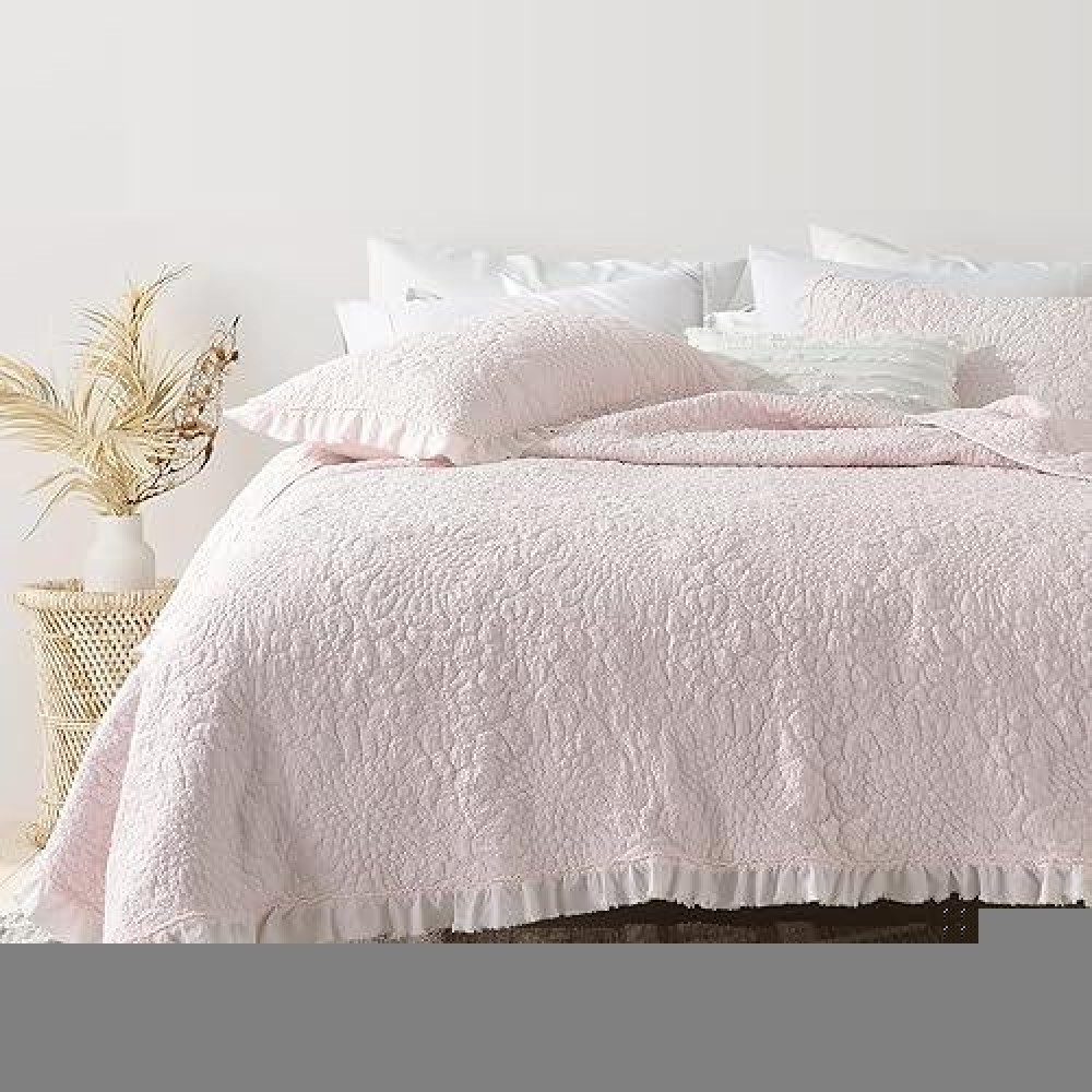 Horimote Home Pink Ruffled Quilt Twin Size  Stone-Washed Microfiber Lightweight Crinkled Farmhouse Rustic Shabby Chic Bedding Set  2 Pieces Reversible Bedspread With Pillow Sham For All Season