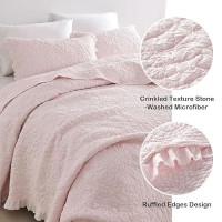 Horimote Home Pink Ruffled Quilt Twin Size  Stone-Washed Microfiber Lightweight Crinkled Farmhouse Rustic Shabby Chic Bedding Set  2 Pieces Reversible Bedspread With Pillow Sham For All Season