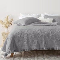 Horimote Home Grey Ruffled Quilt Twin Size  Stone-Washed Microfiber Lightweight Crinkled Farmhouse Rustic Shabby Chic Bedding Set  2 Pieces Reversible Bedspread With Pillow Sham For All Season