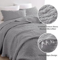 Horimote Home Grey Ruffled Quilt Twin Size  Stone-Washed Microfiber Lightweight Crinkled Farmhouse Rustic Shabby Chic Bedding Set  2 Pieces Reversible Bedspread With Pillow Sham For All Season