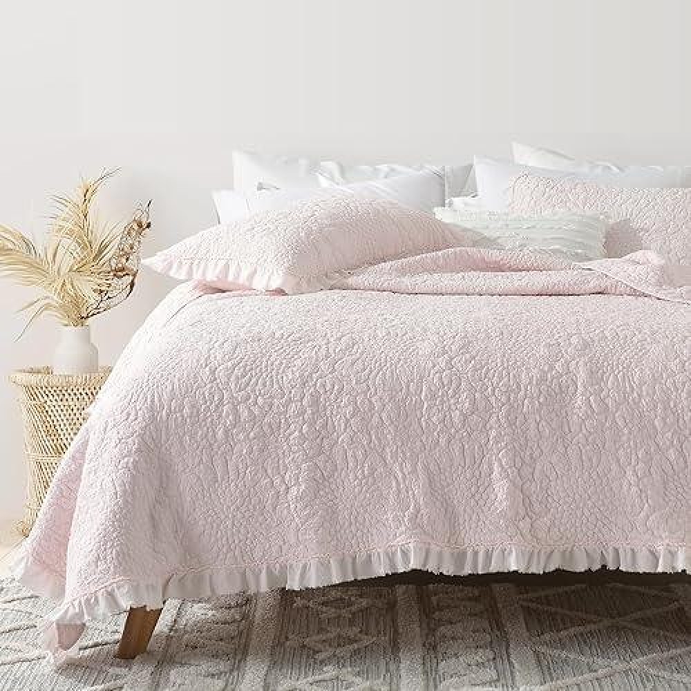 Horimote Home Pink Ruffled Quilt Queen Size  Stone-Washed Microfiber Lightweight Crinkled Farmhouse Rustic Shabby Chic Bedding Set  3 Pieces Reversible Bedspread With Pillow Shams For All Season