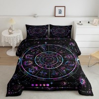 Sun And Moon Comforter Set Queen Size Starry Galaxy Zodiac Constellation Bedding Set 3Pcs For Kids Boys Girls Room Decor Neon Bl