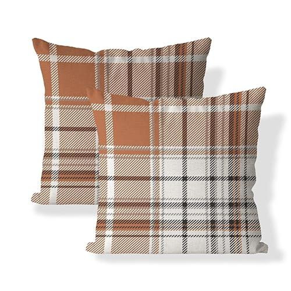 Aofanggo Set Of 2 Fall Pillow Covers Autumn Decorative Throw Pillow Cases 16X16 Inch Orange Grey Plaids Cushion Covers Faux Line