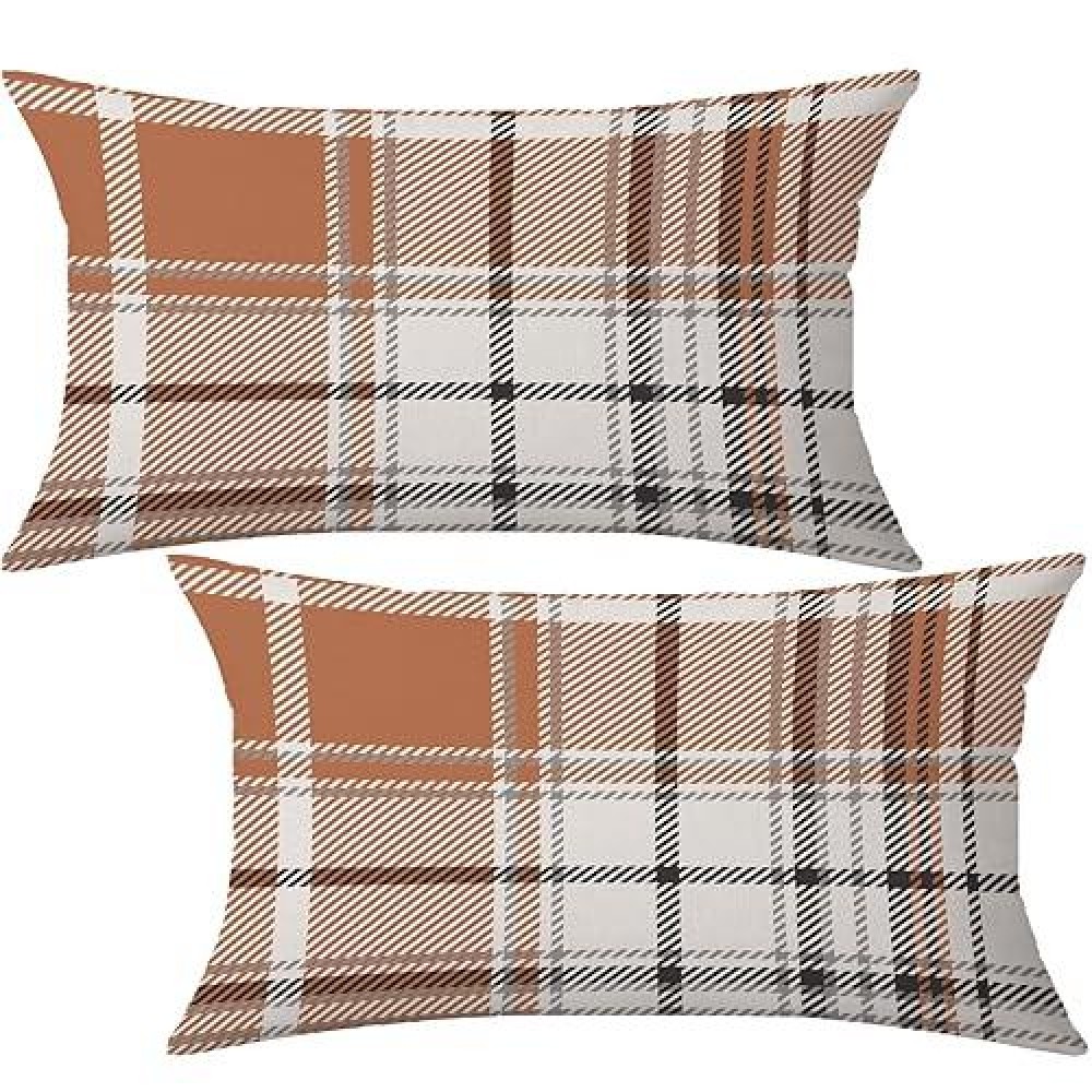 Aofanggo Set Of 2 Fall Pillow Covers Autumn Decorative Throw Pillow Cases 12X20 Inch Orange Grey Plaids Cushion Covers Faux Line