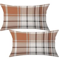 Aofanggo Set Of 2 Fall Pillow Covers Autumn Decorative Throw Pillow Cases 12X20 Inch Orange Grey Plaids Cushion Covers Faux Line