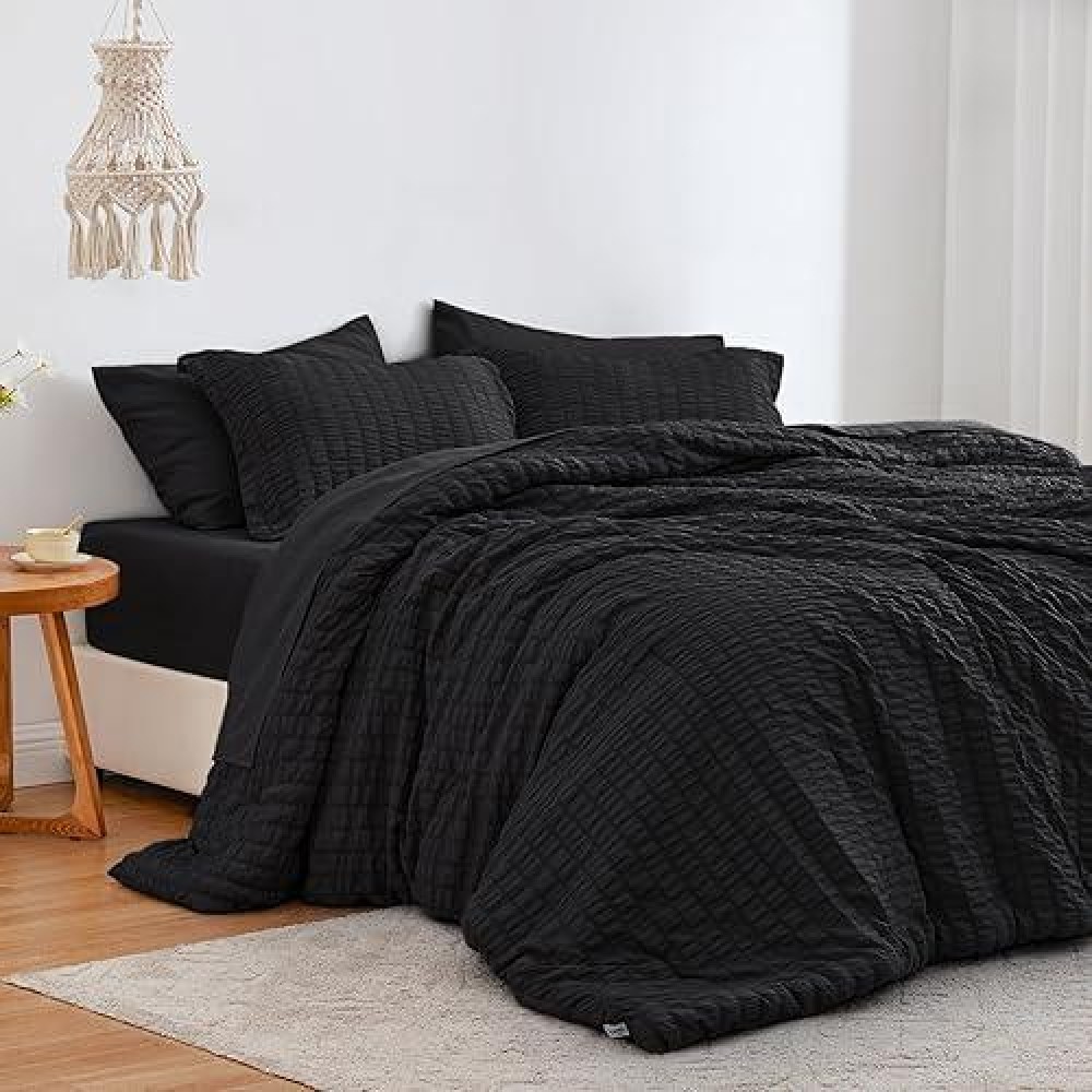 Loves Cabin Seersucker Black 7 Pieces Comforter Set Full All Season Lightweight Bedding Set Full Bed In A Bag Comforter Set W