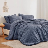 Loves Cabin Seersucker Navy Blue King Size Comforter Set 7 Pieces All Season Bedding Set King Bed In A Bag Comforter Set With